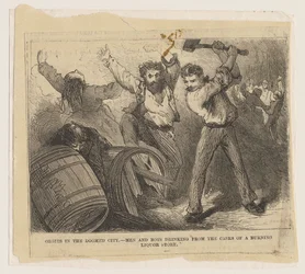 Orgien in der verdammten Stadt - Männer und Jungen trinken aus den Fässern eines brennenden Spirituosengeschäfts, 1871